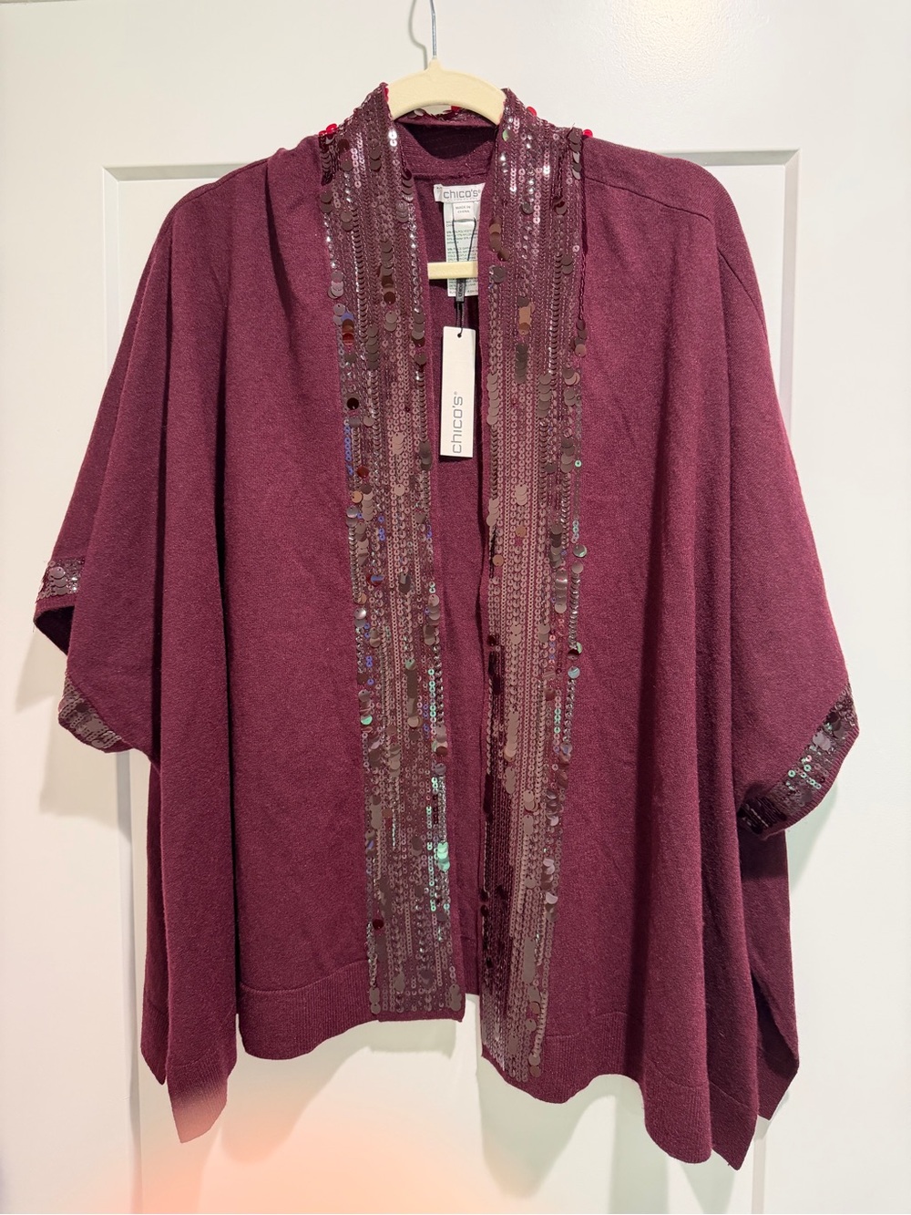 NWT Chico's Sequin-Trim Open Cape Cardigan in Berry Size L/XL